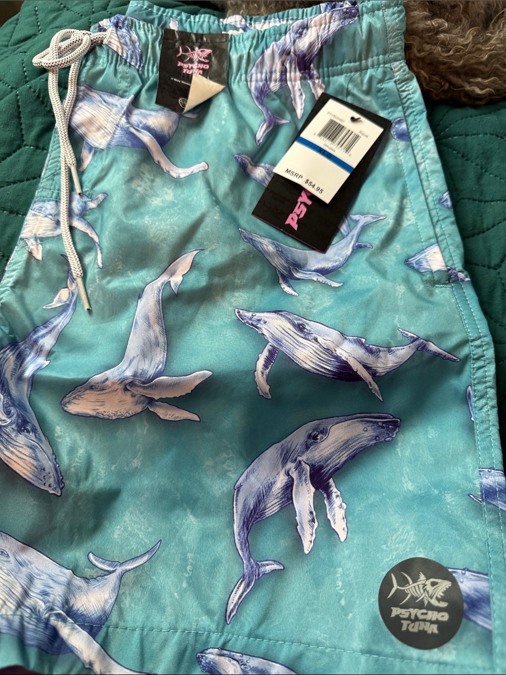 Psycho Tuna Whale-Print Swim Shorts in Teal and Blue
